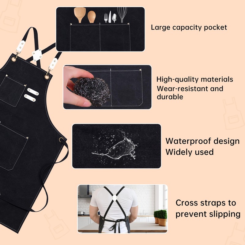 Chef Aprons for Men Women，BBQ Waterproof Apron with Large Pockets,Cotton