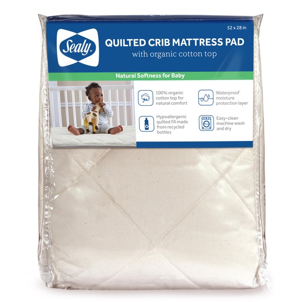 Sealy Quilted Organic Cotton Top Breathable Waterproof Fitted Toddler Bed and Baby Crib Mattress Pad Cover Protector, Noiseless, Machine Washable and Dryer Friendly, 52 x 28 - Cream