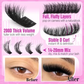 Yawamica Fluffy Lash Clusters Thick 200D Volume Eyelash Clusters 14-20mm Wispy Individual Lashes D Curly Cluster Eyelash Extensions 240pcs DIY Lash Extension for Beginners