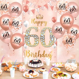Rose Gold 60th Birthday Decorations Banner for Women, Happy 60th Birthday Door Banner with 18pcs 60th Balloons for Women 60th Birthday Anniversary Party Backdrop Decor Supplies Sign Porch Background