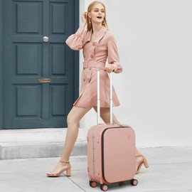 mixi Carry On Luggage, 20'' Suitcase with Front Pocket, Travel Rolling Luggage Aluminum Frame PC Hardside with Spinner Wheels & TSA Lock and Cover - Pink