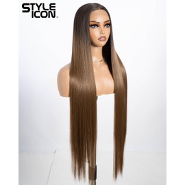 Style Icon Super Long Straight Lace Front Wig for Women 38 Inch Long Straight Hair T Part Wig Ombre Brown Pre Plucked with Baby Hair Synthetic Heat Resistant Fiber (TT6/23C)