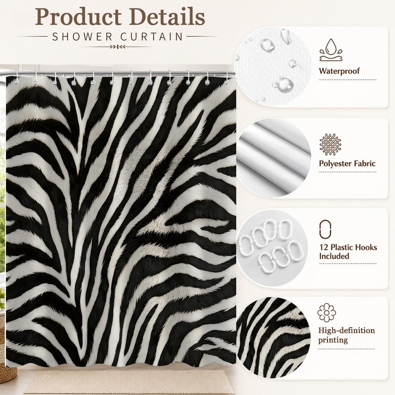 Black and White Abstract Zebra Print Shower Curtain for Bathroom