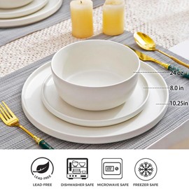 AmorArc Stoneware Dinnerware Sets of 4,Reactive Ceramic Plates and Bowls Set,Highly Chip and Crack Resistant | Dishwasher & Microwave Safe | Round Dishes Set Service for 4 (12pc)-Matte White