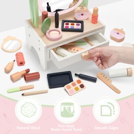 PairPear Wooden Makeup Toy Set, 19Pcs Solid Wood Pretend Makeup Playset Beauty Salon Kit with Detachable Mirror for Kids & Toddlers 3+