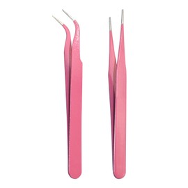Mivanta 2 Pcs Lash Tweezers for Eyelash Extensions – Pink Stainless Steel Eyelash Tweezers for Individual Lashes, Straight & Curved Tips Lash Tools for Beauty, Crafts,Nail Art