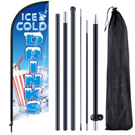 Remagr Ice Cold Drinks Feather Flag 7 ft Advertising Swooper Flag Banner Signs with Pole and Ground Stake Feather banner Stand for Store Business Outside
