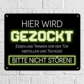 "Hier wird gezockt" Metal Sign XL in 21 x 28 cm for Gamers in Yellow Funny Gift Idea for Boys and Girls who love computer games and would like to play all day long