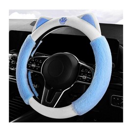 DXNQ Car Steering Wheel Cover, Cute Fluffy Cat Ears Steering Wheel Protector, Breathable Plush Cover for 14.5"-15" Car Steering Wheel, Car Interior Accessories for Women Girls (White+Blue)