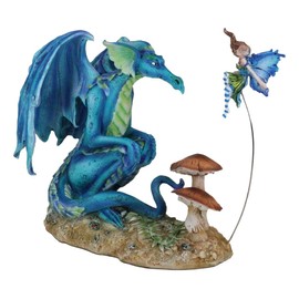 Ebros Gift Strange Encounter Enchanted Fairy Garden Blue Water Elemental Dragon with Toadstool Pixie Fairy Dust Fairy Amy Brown Figurine DIY Ideas Collectible Fairies Elf Nymph Pixies Fantasy