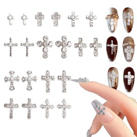 SILPECWEE 20pcs Silver Cross Nail Charms 3D Cross for Nails Design Nail Rhinestones Gems Crystals Punk Nail Charm Alloy Cross Nail Studs Jewels Nail Decoration for Craft Nail Art Supplies