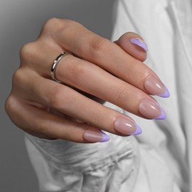 KQueenest Lilac French Tip Press On Nails Short Almond, 30 Pcs Acrylic Press On Nails With Glue, Glossy Soft Gel Short Fake Nails Press ons, Reusable Natural Nude Glue on Nails for Women Weddings