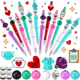 Yeaqee 60 Set Nurse Day Beadable Pen Plastic Beadable Pens Bulk Nurse Day Gift Pens DIY Making Kit Beads for Crafts Assorted Bead Pens for Nurse Doctor Hospital