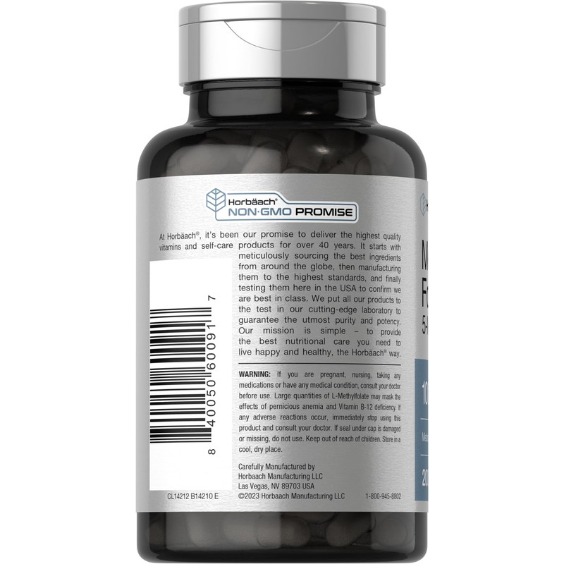 Horbäach Methyl Folate Supplement | 1000 mcg | 200 Capsules