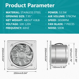 HG Power 8 Inch Kitchen Exhaust Fan, 576CFM Metal Attic Exhaust Fan, Wall Mounted Garage Ventilation Fan, Basement Extractor Fans with Backdraft Damper for Home Office Commercial Use, Silver