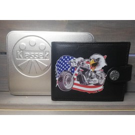 Motorcycle Chopper American USA Flag Bald Eagle Head Motor Bike Mens Wallet Gift Box KLASSEK Brand Real Black Leather RFID Blocking with Coin Pocket