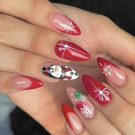 Christmas Press on Nails Medium Fake Nails with Red French Snowflake Bow Snowman Colorful Ball Design False Nails Solid Color Glossy French Tip Full Cover Stick on Nails Xmas Winter Artificial Nails
