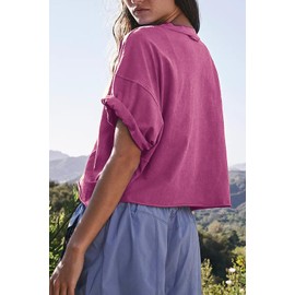 HUGOOME Womens Oversized Workout Crop Top Casual Short Sleeve Purple Red