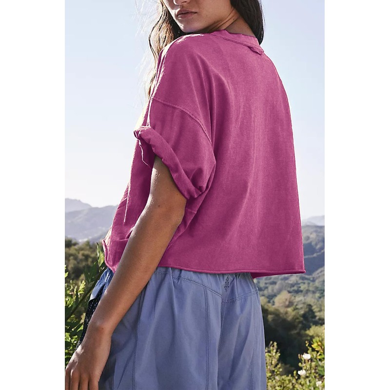 HUGOOME Womens Oversized Workout Crop Top Casual Short Sleeve Purple