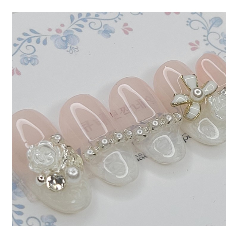 Romantic Flower Handmade Nail Tips - Coffin Egg / 로맨틱