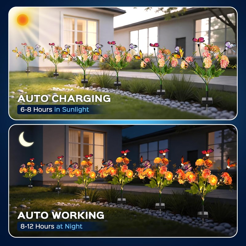 2 Pack Solar Garden Lights Outdoor, 8 Lighting Modes Warm