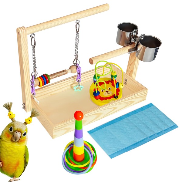 Arfubye Mini Wood Bird Playground Birds Perch Stand Desktop Parrot