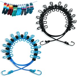 Portable Clothesline with 12 Clothespins, [2 Pack] Gvtech Windproof Travel Clothesline Stretchy Retractable Elastic Laundry Clothes Line for Backyard Vacation Hotel Balcony Clothes Drying (Black+Blue)