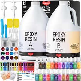 Smallbudi 2 Gallon Epoxy Resin Kit with Pump, Resin Pigment, Mica Powder, Gold Foil, Cups & Stick, Crystal Clear Resin Beginner Supplies for Coating Casting Table,Molds,Jewelry Making, DIY Art Craft