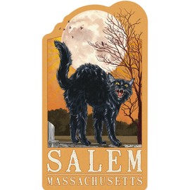 Die Cut Sticker Salem, Massachusetts, Black Cat and Moon, Letterpress, Contour Vinyl Sticker 3 to 6 inches, (Waterproof Decal for Cars, Water Bottles, Laptops, Coolers), Large