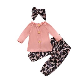 3Pcs Toddler Baby Girl Fall Outfit Long Sleeve Knitted Ribbed Top Leopard Pants Headband Infant Winter Clothing Set