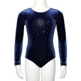 Long Sleeve Nicki Velvet Leotard in Dark Blue with Hotfix Rhinestones Size 140