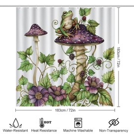 TIKRBMLB 4Pcs Garden Mushroom Frog Shower Curtain Sets Bathroom Decor, Novelty Plant Floral Shower Curtain with Non Slip Rug, Toilet Lid Cover, Bath Mat and 12 Hooks 72W x 72L