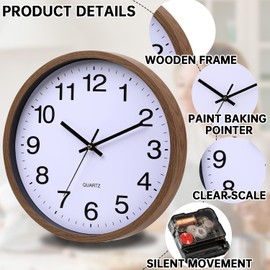 EMITDOOG Wall Clock 12 Inch Wooden Grain Frame Glass Cover Non-Ticking Number Quartz Modern Quartz Design Decorative Bedroom Kitchen Office Classroom