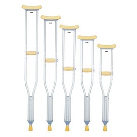 Crutches - Pediatric Lofstrand anodized aluminum under-arm crutches with accessories attached include one pair each of arm cushions, closed hand grips and size #50001 crutch tips, assembled in plastic bag. Recommended patient height for pediatric size is