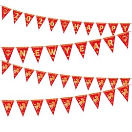 2026 Happy New Year Pancarta, Pre-Enhebrada Rojo & Oro Decoración Año Nuevo Chino Letras & Banderines Caballo Guirlanda Colgante Fiesta para Festival Casa Oficina Pared Decoración