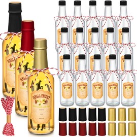 Tioncy 16 Pcs Vanilla Extract Bottles for Homemade Vanilla Jar Glass Bottle with Cap, Shrink Band, Sticker Syrup Gift Food Storage Canister for Bean Sauce Spice(Black, Red, Gold,8.5 oz)