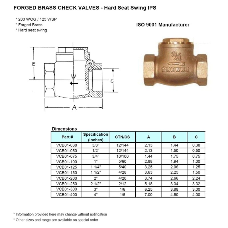 1/2" Brass Swing Check Valve - 200WOG