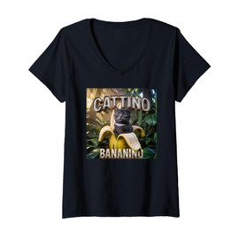Womens CATTINO BANANINO Black Cat Italian Brainrot Meme Cat Lovers V-Neck T-Shirt