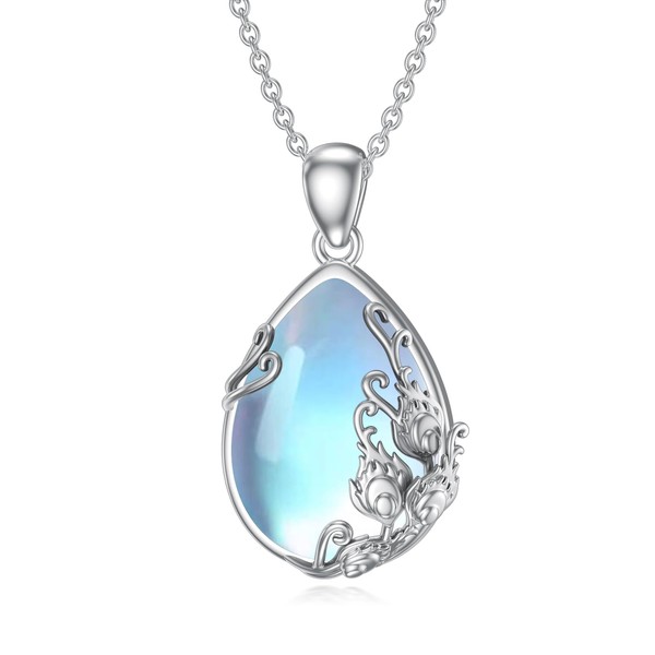 POPLYKE Moonstone Dragonfly/Phoenix Feather/Stingray/Hummingbird Necklace Sterling Silver Moonstone Teardrop Pendant