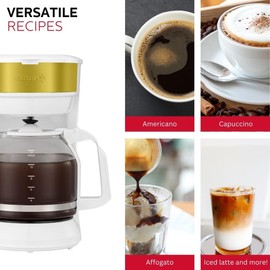 Holstein Housewares 12-Cup Drip Coffee Maker with Auto Keep Warm and Permanent Filter - Compact and User Friendly Design in White/Gold Color with Auto Pause and Serve Functions