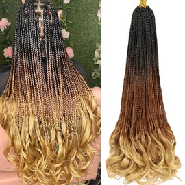 French Curl Crochet Braids 22 Inch 8 Packs Goddess Box Braids Crochet Hair for Women Pre Looped Crochet Box Braids with Curly Ends Synthetic French Curly Braiding Hair Extensions (1B/30/27)