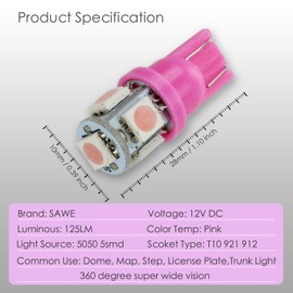 SAWE - T10 Wedge 5-SMD 5050 LED Light bulbs W5W 2825 158 192 168 194 (4 pieces) (Pink/Purple)