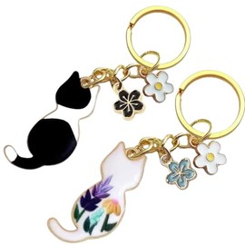 2pcs Cute Enamel Flower Cat Keychain,Enamel Flower Cat Keyring Japanese Decor for Garden Cat Lovers Bag Charm Sakura Flowers