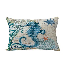 7COLORROOM 2Pack Beach/Coastal Throw Pillow Covers Sea Turtle/Sea Horse Rectangular/Waist Cushion Cover Sea Theme Decorative Cotton Linen Pillowcases 12" x 20"(Multi, 12"×20")