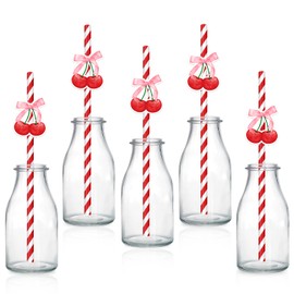 30Pcs Cherry Themed Paper Straws, Cherry Red Stripes Drinking Straws Recyclable Paper Straws Party Straws Restaurant, Juice, Coffee Cold Drinks for Birthday Weddings and Party