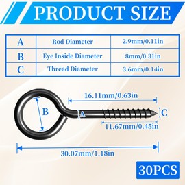 30PCS Eyelet Screws, 30mm Eyed Screw Hook Self Tapping Screws Heavy Duty Screw-In Eye Screw Tightening Screw Ring Screw Eye Bolt Ceiling Hook for DIY Cork Crafts Curtain Rope Hanging Wooden Frame