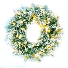 ASTRAEA Pre-Lit Snow Flocked Christmas Wreaths with Lights - 24 Inch Mixed Spruce Christmas Wreath w/ 50 Warm White LED Lights, Battery-Operated Xmas Wreath for Front Door Window Fireplace Decoration