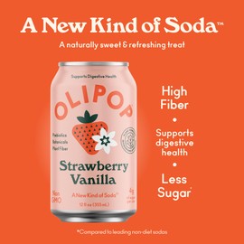 OLIPOP Prebiotic Soda Pop, Strawberry Vanilla, A New Kind of Soda Packed with Prebiotics, Fiber, and Botanicals, Gluten Free, Vegan, GMO Free, 12oz (12-Cans)