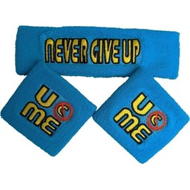 pompamhome John Cena THROWBACK Never Give Up Blue WWE Headband Wristbands Sweatbands Set