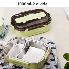 amropi Stainless Steel Lunch Box with 2/3/4/5 Compartments, with Sticks and Spoon, Bento Box for Hiking/Travel/School/Office (Green, 2 Compartments)